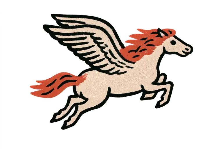 A hand-drawn winged horse with a red-orange mane, mid-leap — the Pegasus from the Make It Believable website.